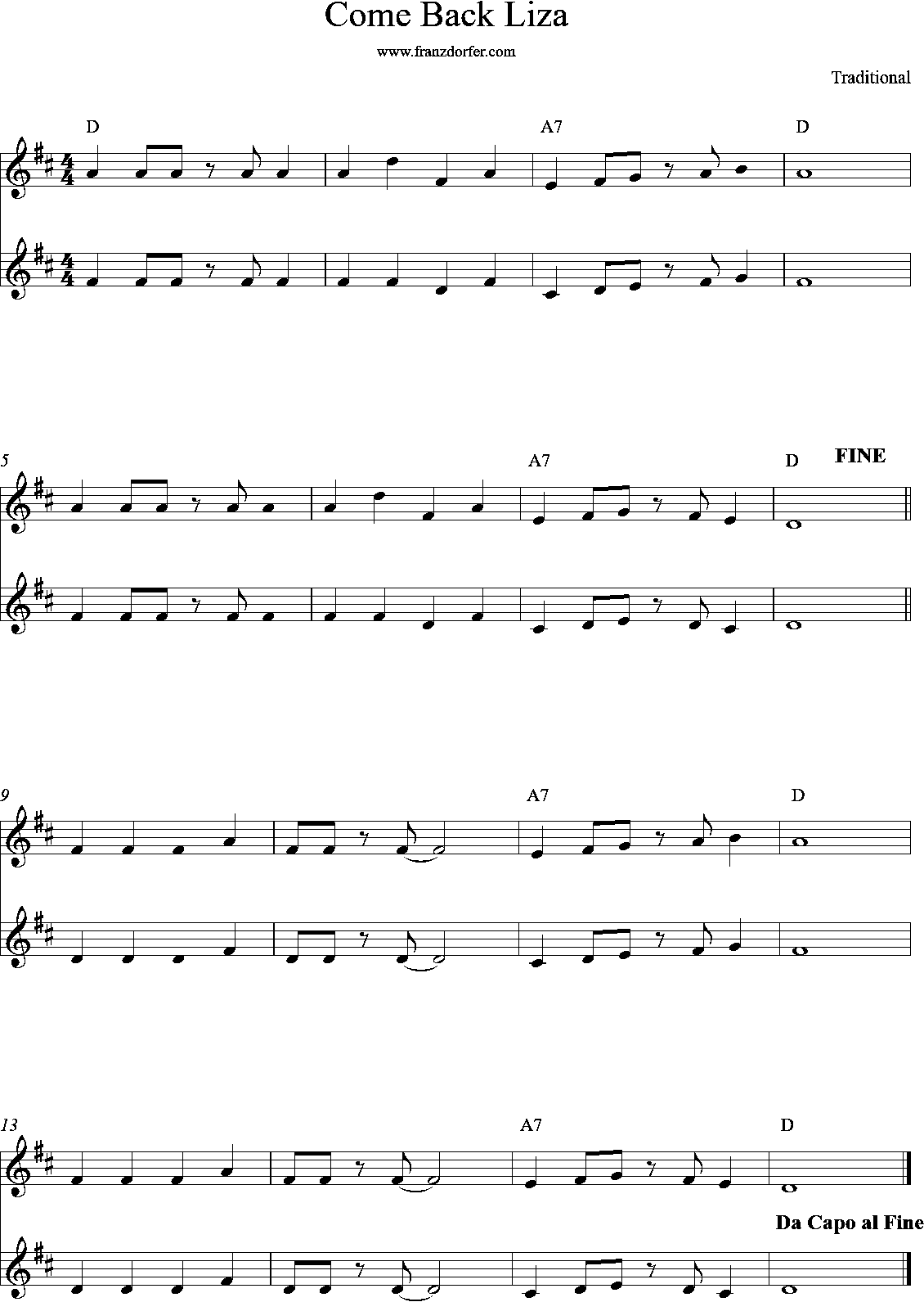come back liza, duo d-major